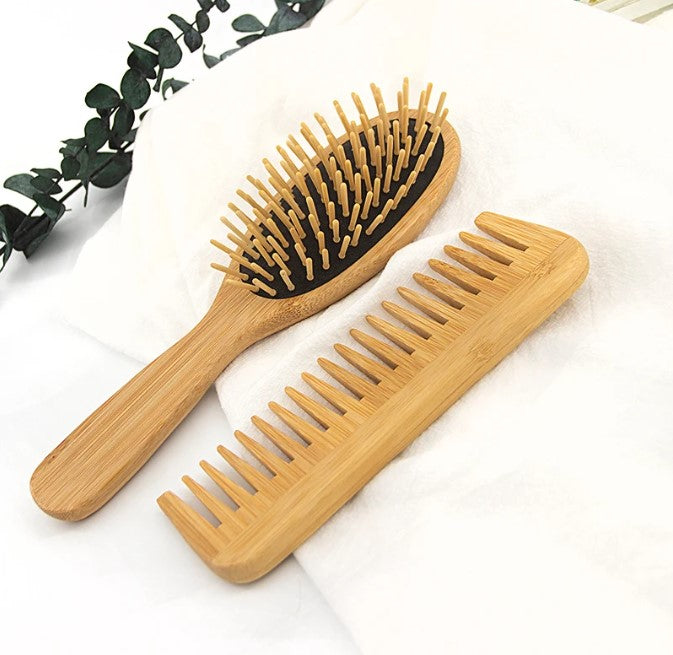 2-Pack Wooden Hair Brush and Comb Set