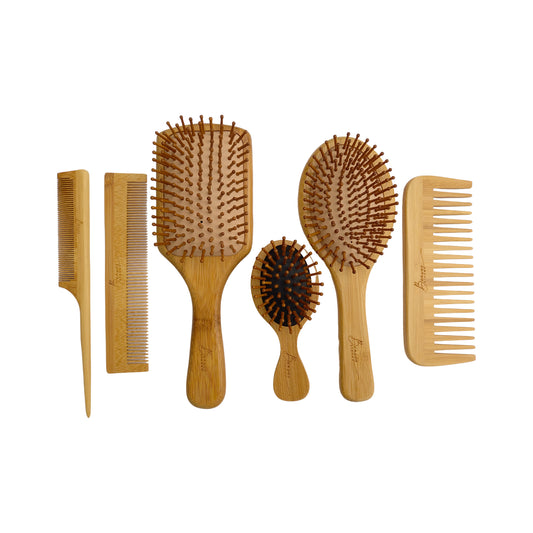 6-Pack Natural Bamboo Hair Brush and Comb Set